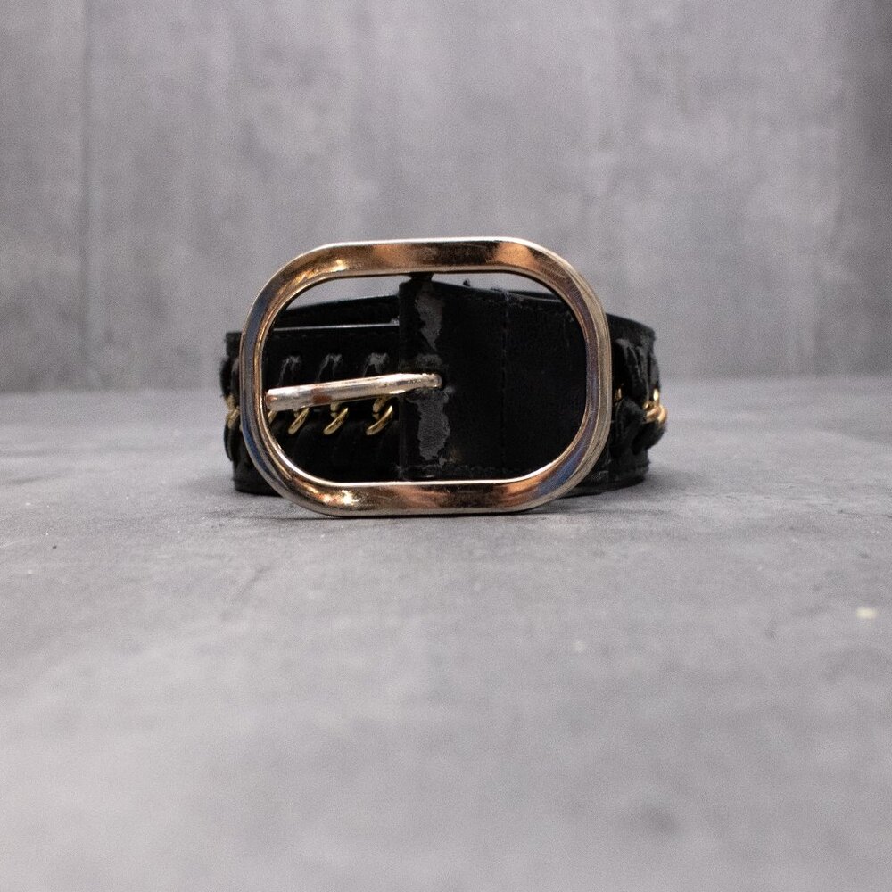 Vintage VTG Y2K 2000's 00's Woven Gold‎ Chain Faux Leather Black Belt